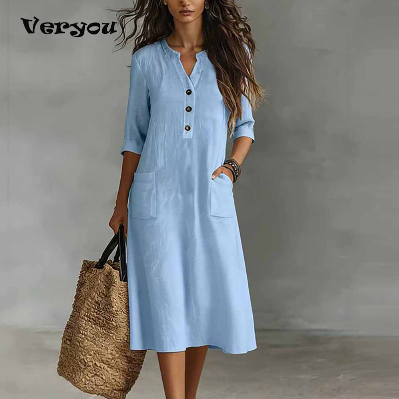Boho Summer Beach Maxi Dress - Gaun Midi Wanita Kasual Warna Solid
