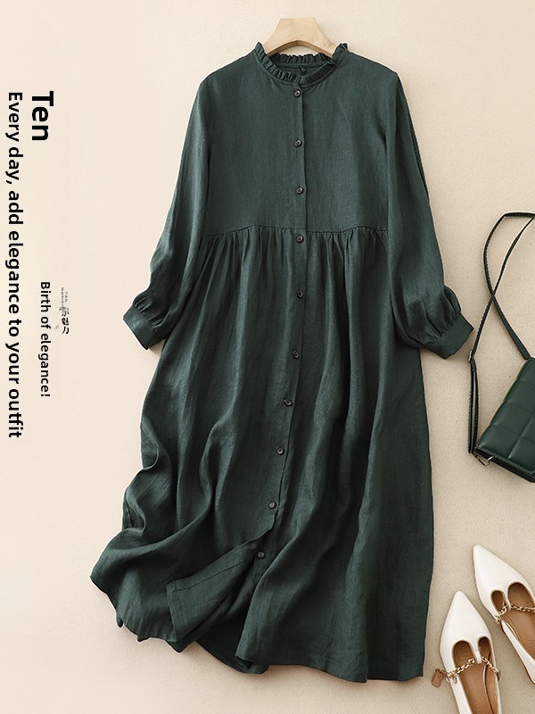 Gaun Lengan Panjang Katun Line - Casual Loose Linen Shirt Dress ulasan dan harga