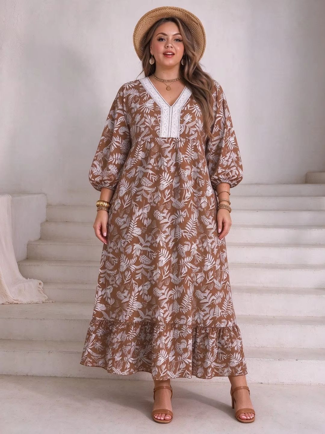 Gaun Maxi Motif Daun dan Bunga - Boho Summer Beach Maxi Dress ulasan dan harga