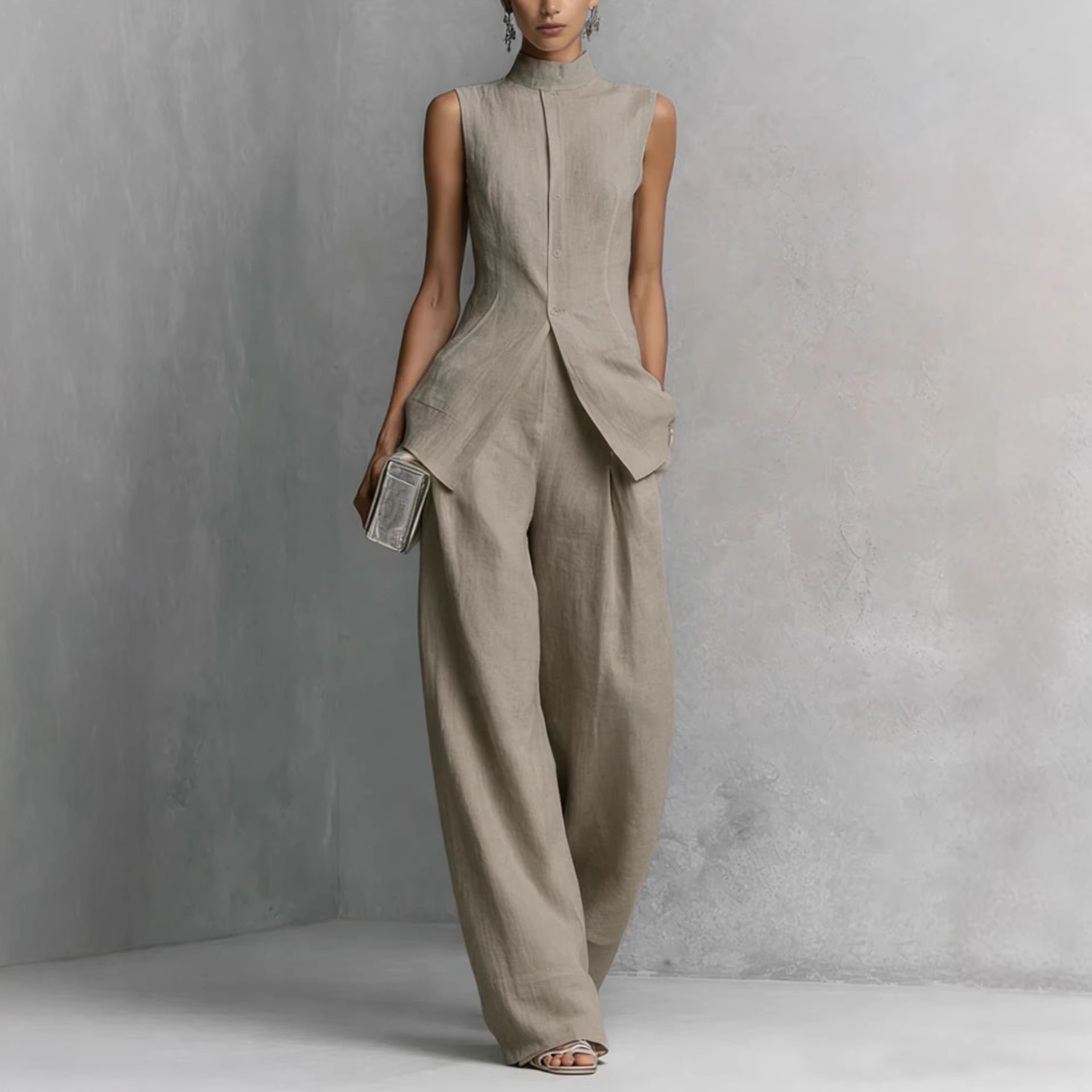 Kemeja Katun-Linen Warna Solid - Casual Loose Linen Shirt Dress ulasan dan harga